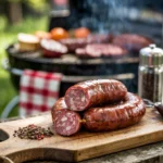 Smoked sausages on a wooden cutting board, with one sausage cut open to reveal its filling, surrounded by peppercorns.