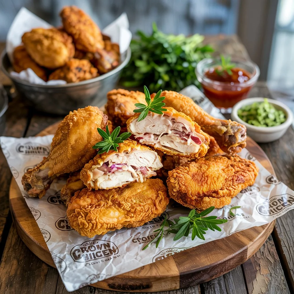 A close-up of crispy fried chicken pieces on a wooden serving board, garnished with fresh parsley, accompanied by dipping sauces.