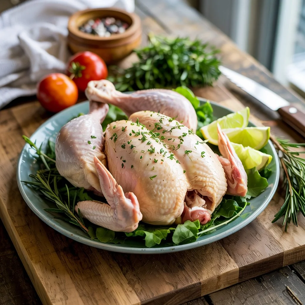 A raw whole chicken on a blue plate, garnished with fresh herbs, lime wedges, and surrounded by tomatoes and seasoning.